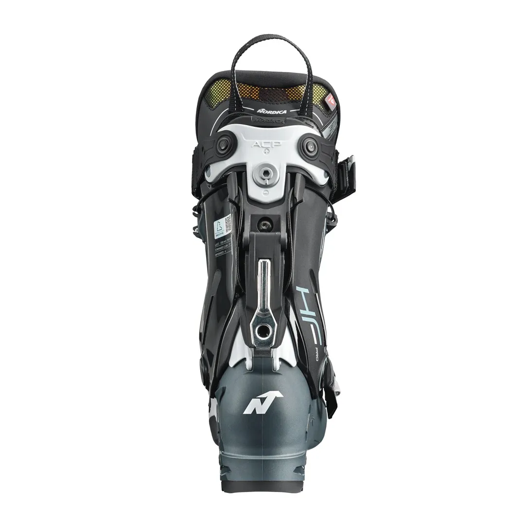 Rear view of the Nordica HF Pro 95 W GW ski boot. Gray and black, with details such as buckles and logo visible.