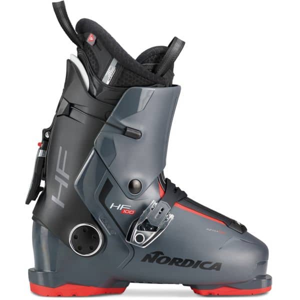 Nordica HF 100 Skischuh in Anthrazit, Schwarz und Rot, Seitenansicht.