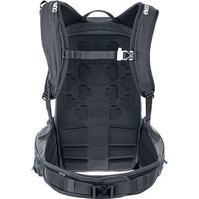 Zaino Evoc Line Pro 20L nero, vista posteriore con spallacci e ali laterali.