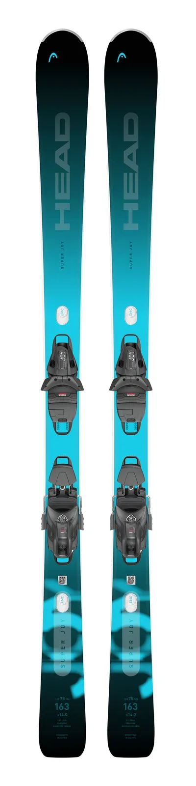 Draufsicht auf ein Paar Ski der Marke Head, Modell e-Super Joy mit montierter Bindung. Farbverlauf von blau nach schwarz.