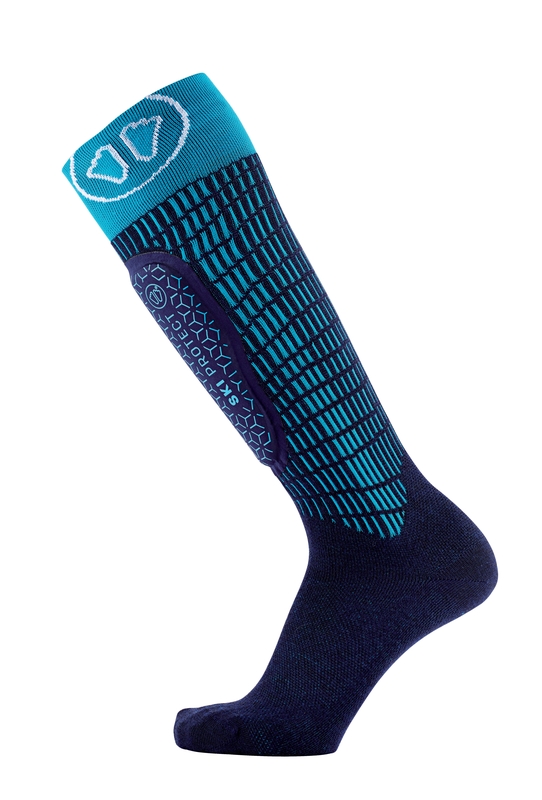 Kniestrumpf für Ski, blau-türkis mit Schienbeinpolster und Muster. Sidas Ski Protect.