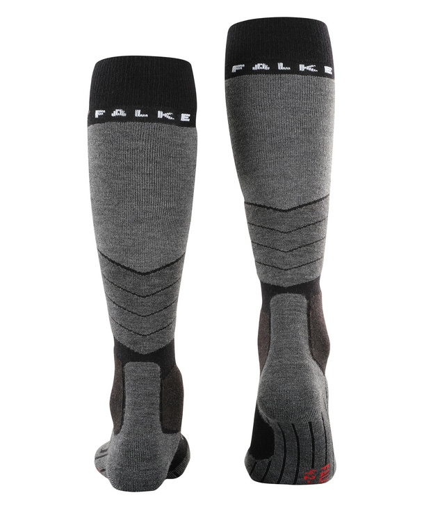 Grau-schwarze Falke SK2 Wool Herren Skiing Kniestrümpfe, von hinten gezeigt, mit Logo am Bund.