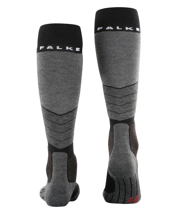 Grau-schwarze Falke SK2 Wool Herren Skiing Kniestrümpfe, von hinten gezeigt, mit Logo am Bund.