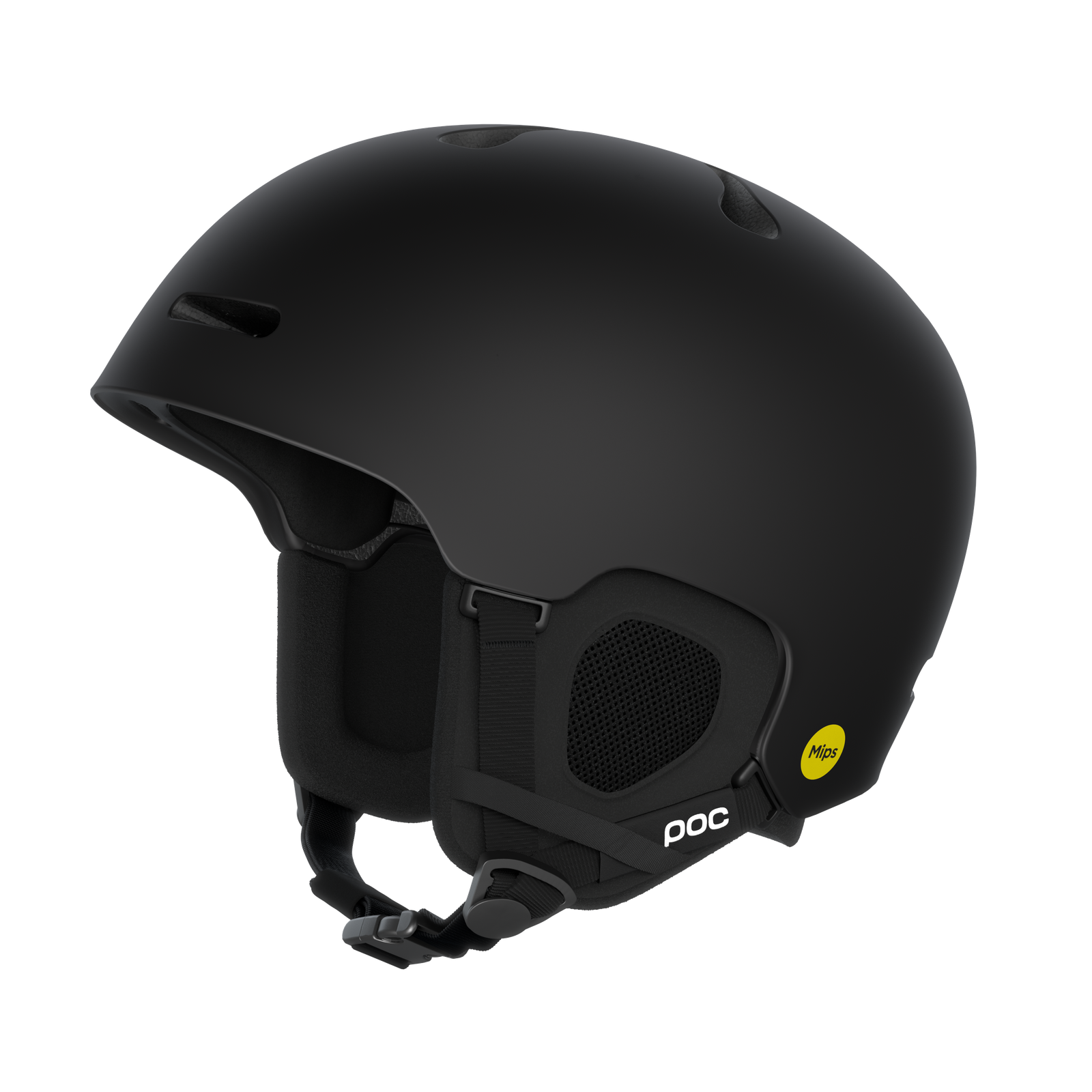 Ein mattschwarzer Poc Fornix Mips Skihelm ist von der Seite zu sehen. Er hat Belüftungslöcher und ein gelbes Mips Logo.