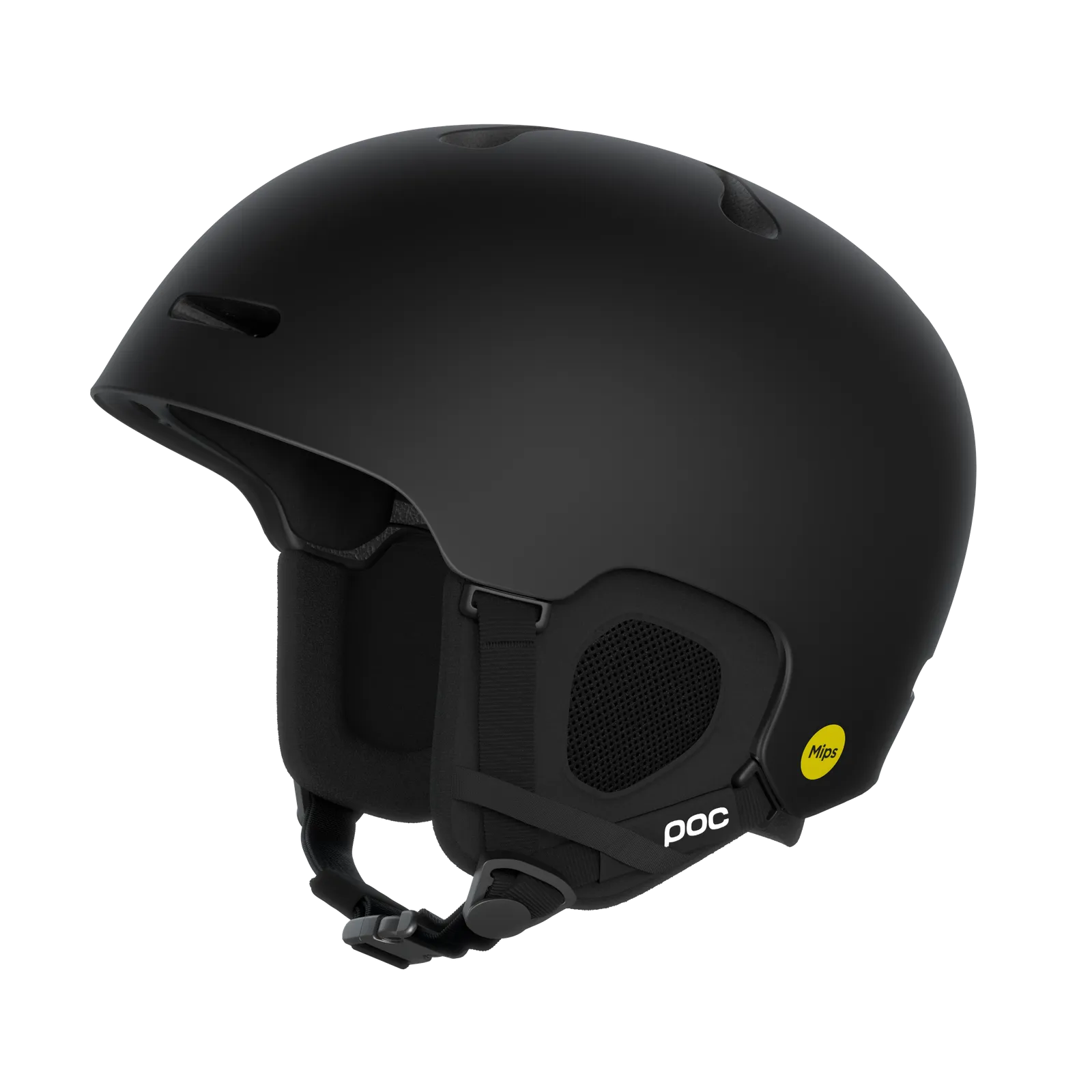 Ein mattschwarzer Poc Fornix Mips Skihelm ist von der Seite zu sehen. Er hat Belüftungslöcher und ein gelbes Mips Logo.