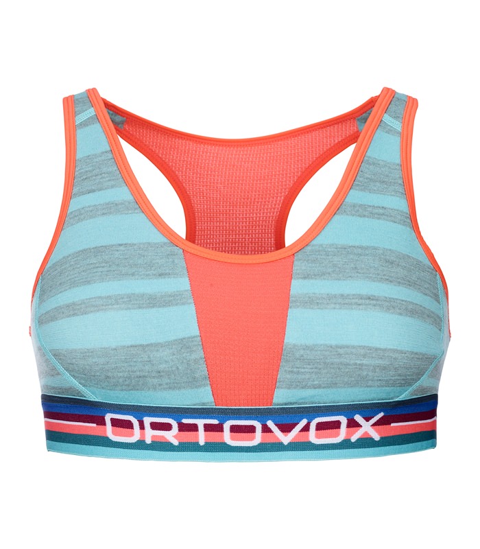 Gestreiftes Rock'n'Wool Sport Top in blau-grau mit korallenfarbenen Details und "Ortovox"-Schriftzug.