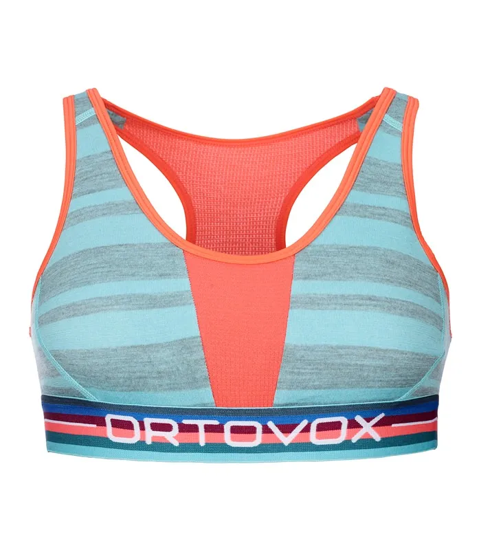 Gestreiftes Rock'n'Wool Sport Top in blau-grau mit korallenfarbenen Details und "Ortovox"-Schriftzug.