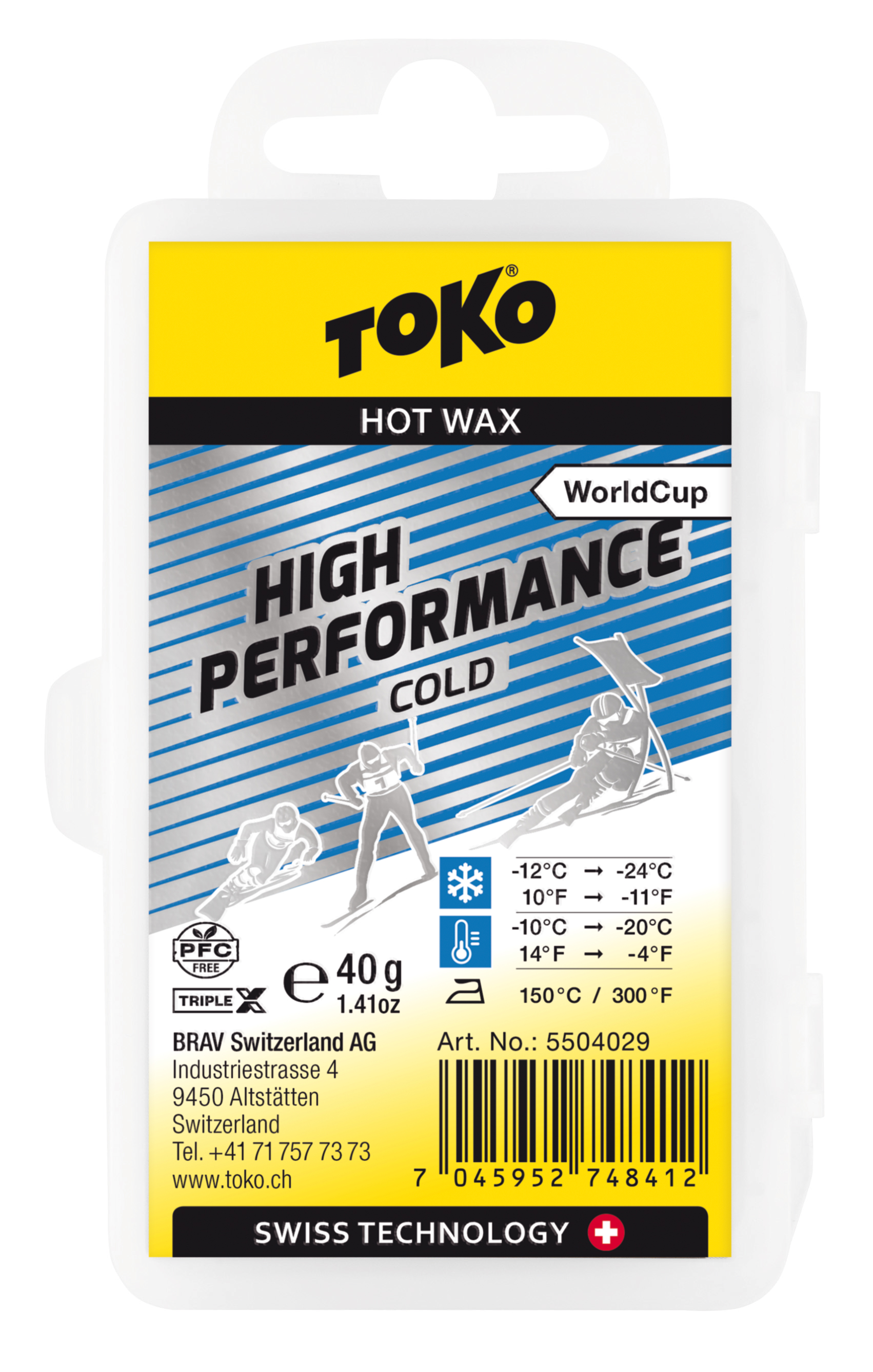 Verpackung Toko High Performance Cold Wax 40g, mit Skifahrern und Temperaturbereich.