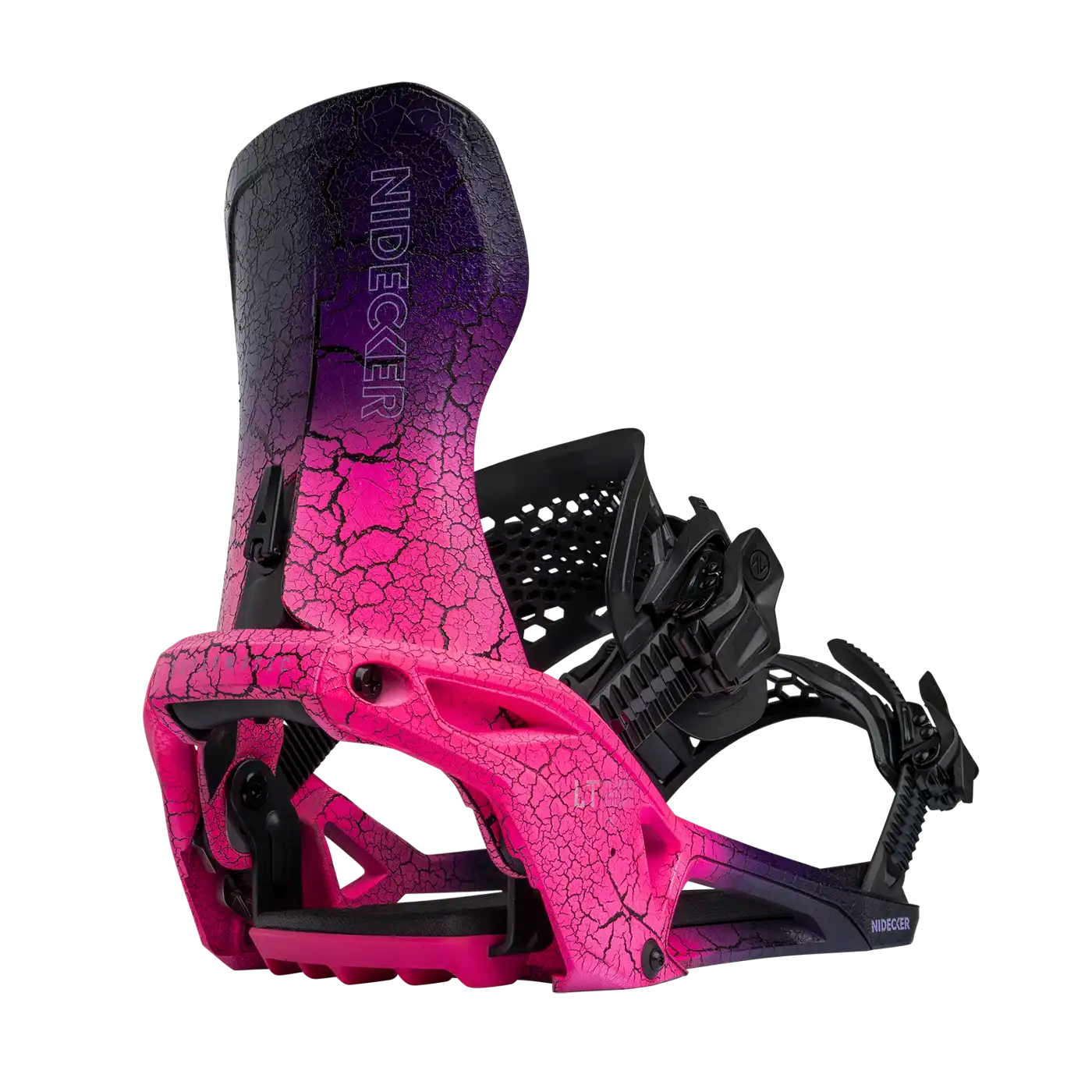 Nidecker Snowboardbindung Eine Snowboardbindung von Nidecker mit pinkem und lila Farbverlauf und einem Rissmuster auf weißem Hintergrund.