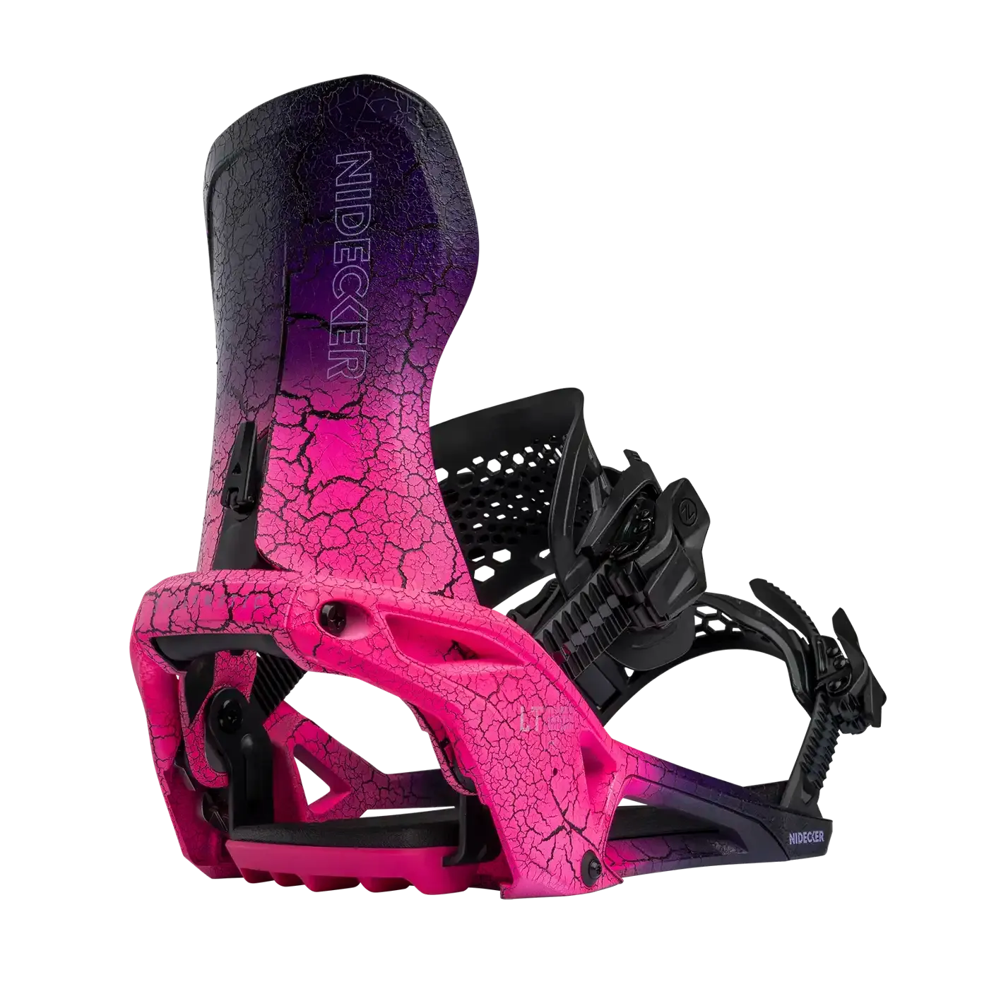 Un attacco da snowboard di Nidecker con una sfumatura di colore rosa e viola e un motivo a crepe su sfondo bianco.