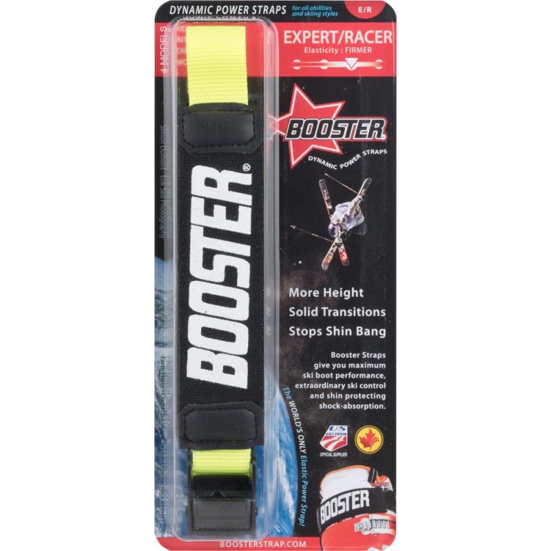 Verpackung vom gelben Booster Strap Medium mit Metallschnalle. Der Text Booster steht senkrecht auf dem Gurt.