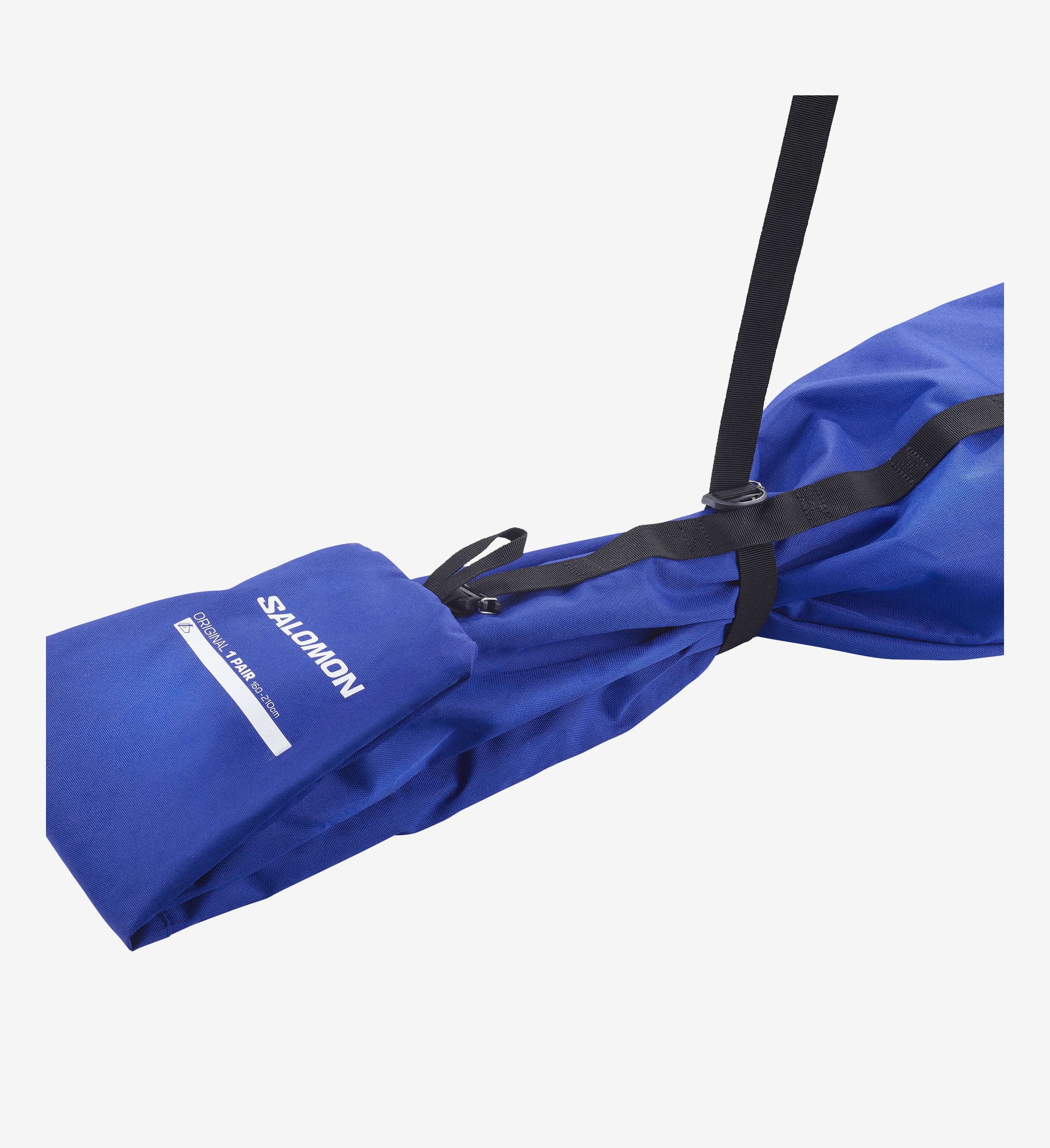 Sac à skis bleu Salomon avec sangle noire, les détails comme le logo sont reconnaissables.