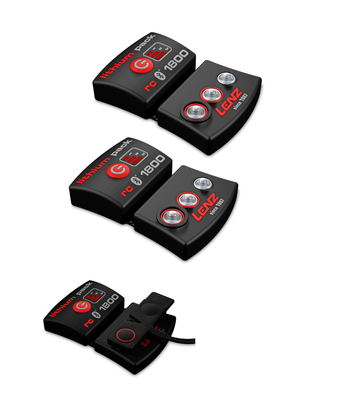 Drei Lenz Lithium Packs Drei Lenz Lithium Packs RCB 1800 in Schwarz mit roter Schrift und Knöpfen.