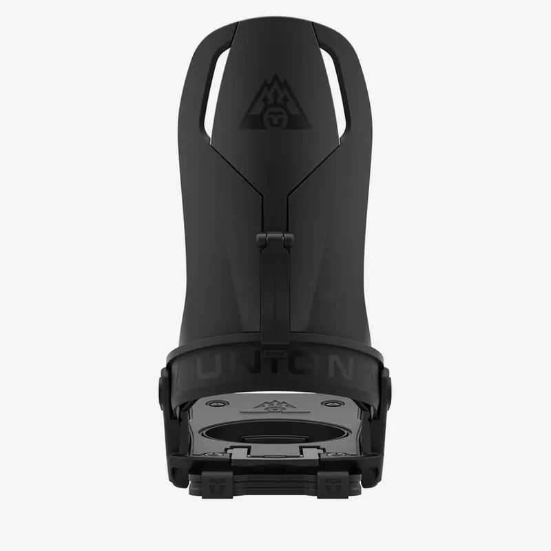 Black Union Charger splitboard binding, front view, with manufacturer logo on the highback.