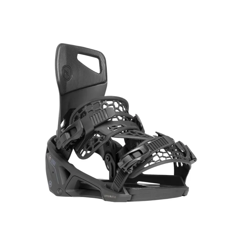 Attacco da snowboard Nidecker Supermatic nero in vista frontale su sfondo bianco.