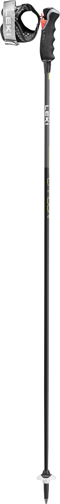 Schwarzer Leki Carbon 12 3D Skistock mit grau-schwarzem Griff, Schlaufe und Teller.