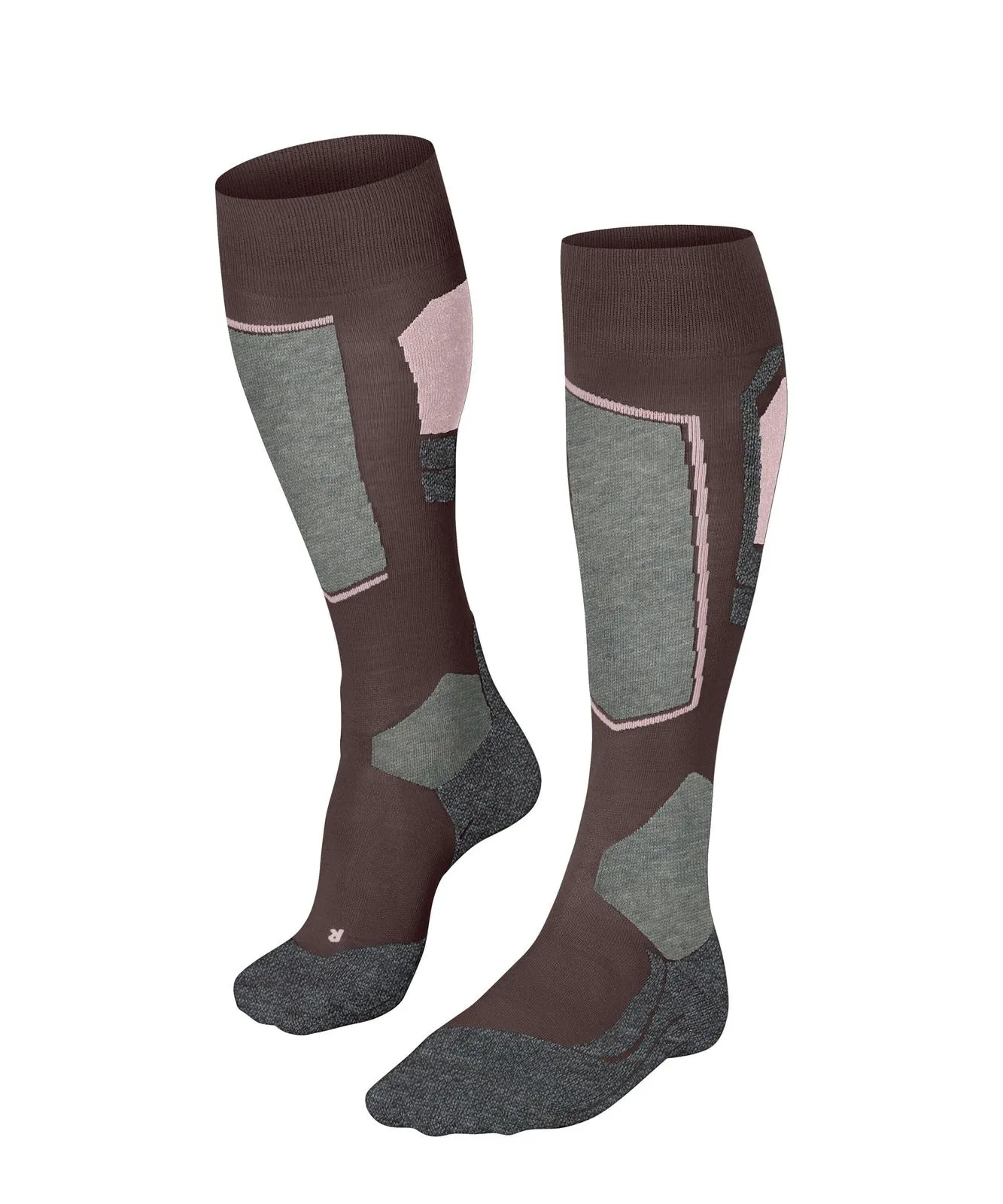 Due calzini sportivi al ginocchio marrone scuro con dettagli grigi e rosa chiaro. Punta e tallone rinforzati in grigio scuro, inserti grigi traspiranti sullo stinco. Strisce rosa chiaro per comfort e sostegno. Calzino destro con lettera «R».