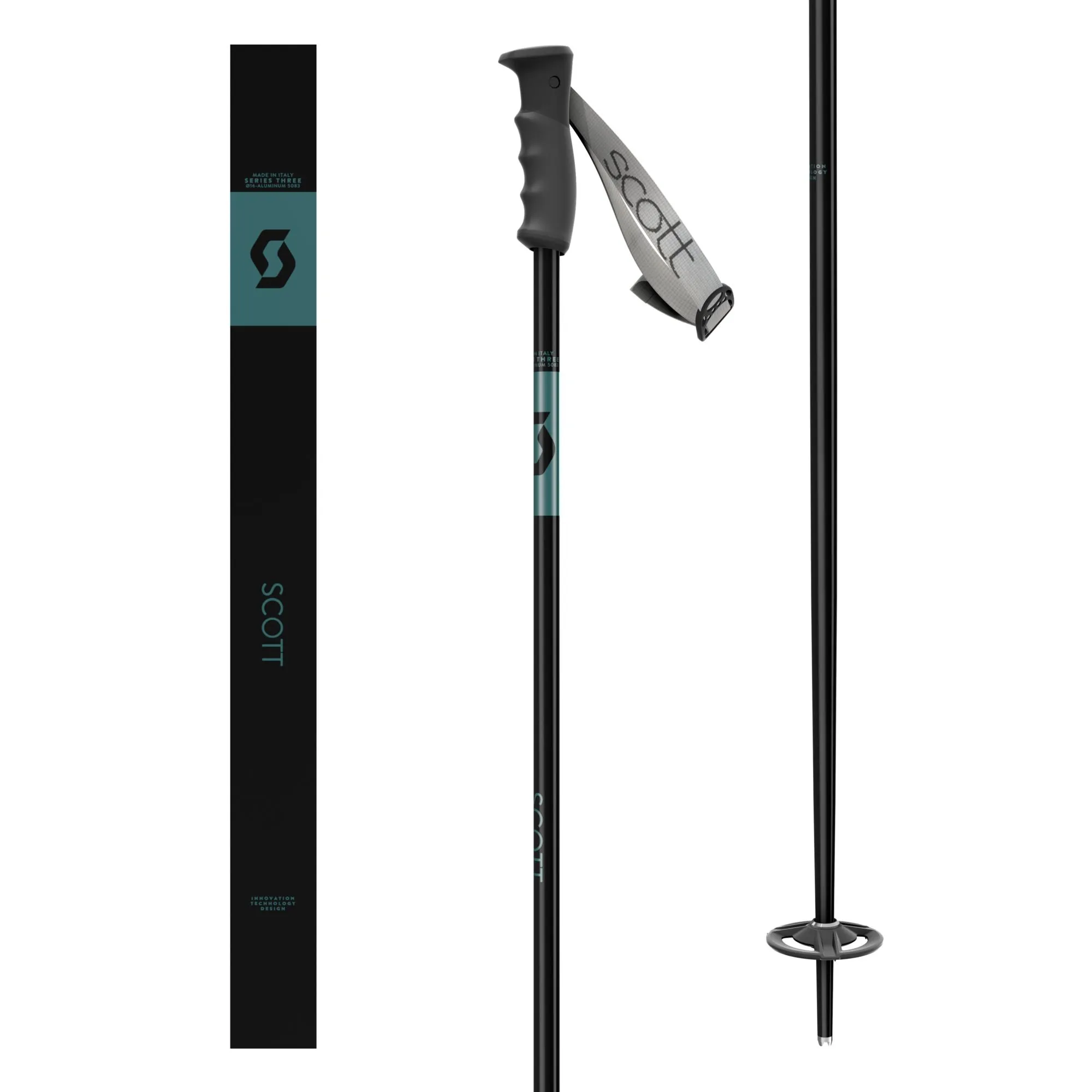 Two Scott Kira ski poles and product packaging. The ski poles are black with gray grips and straps.