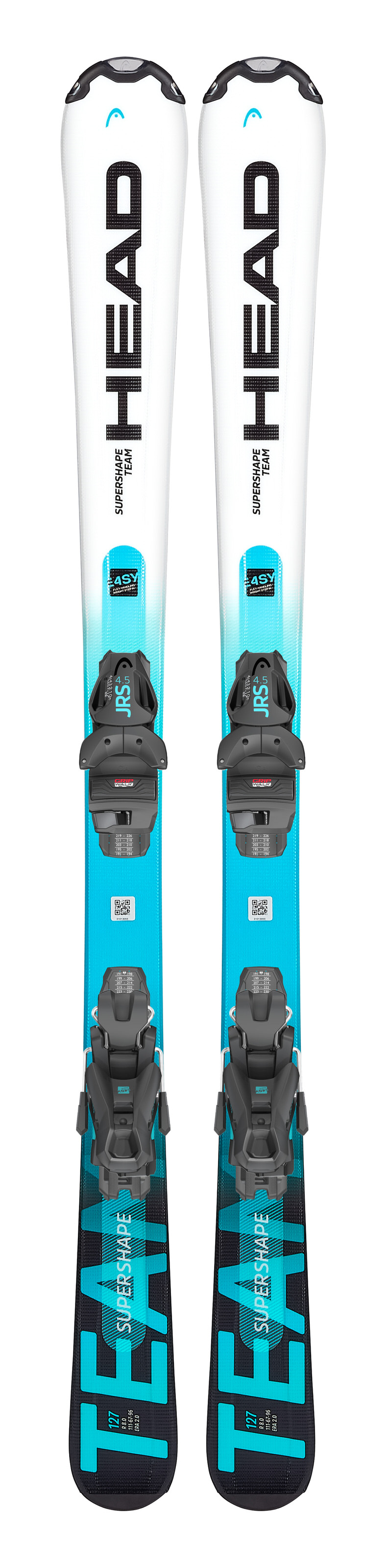 Draufsicht auf Ski Head Supershape Team Easy JRS mit Bindung SLR 7.5 GW, weiß-türkis-schwarz.