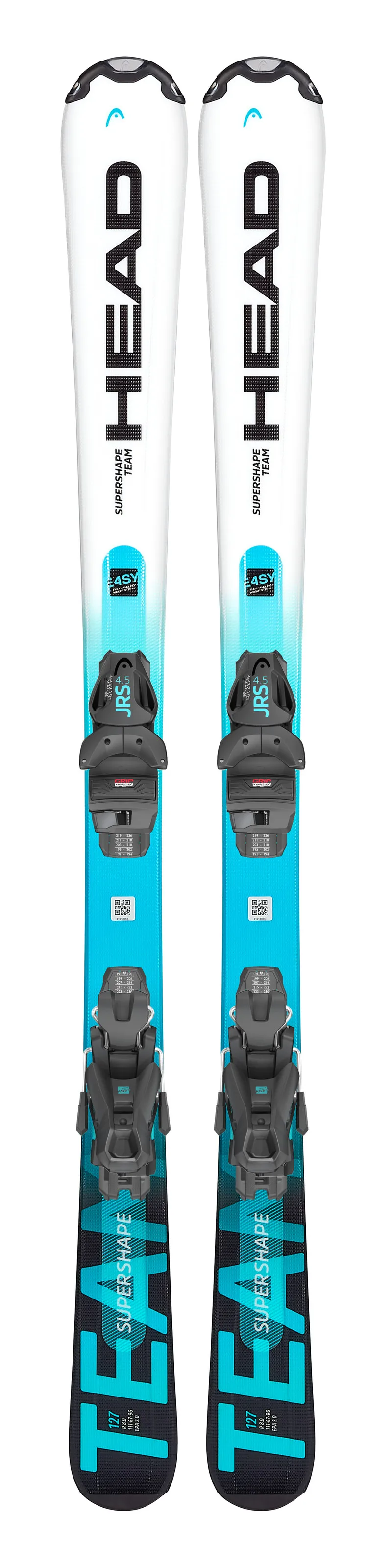 Draufsicht auf Ski Head Supershape Team Easy JRS mit Bindung SLR 7.5 GW, weiß-türkis-schwarz.
