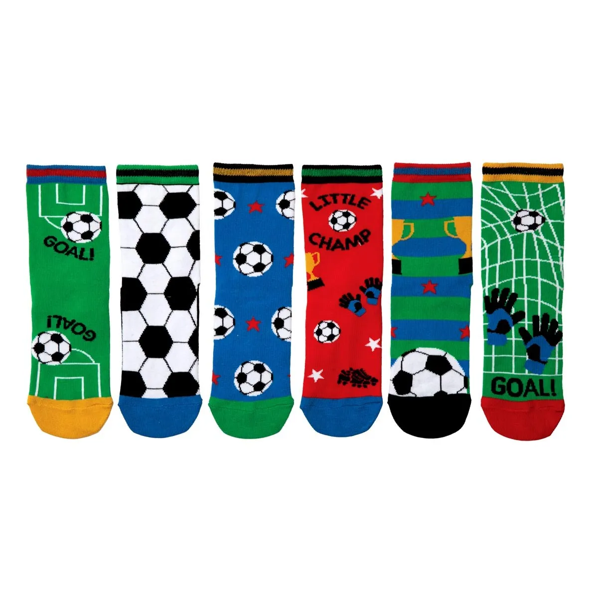 Six colorful, patterned 'Little Champ' children's socks with soccer motifs.