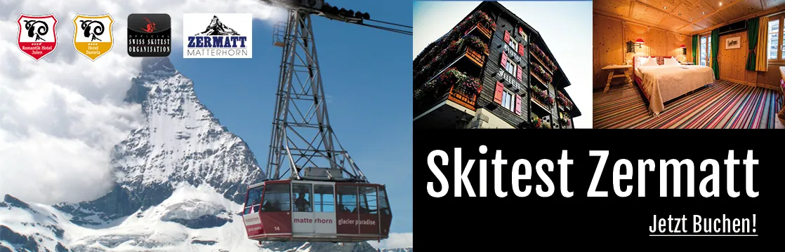 Immagine pubblicitaria per uno ski test a Zermatt con Cervino, gondola, vista dell'hotel e interno della camera.