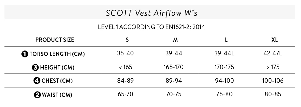 Size chart for Scott Airflow women's vest with torso, height, chest and waist measurements in cm for S, M, L, XL.