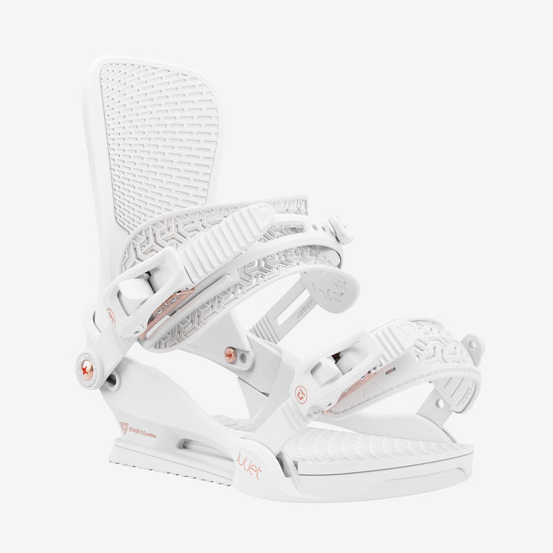 Weiße Snowboardbindung Weiße Union Juliet Snowboardbindung, seitliche Ansicht, mit Muster auf Straps.