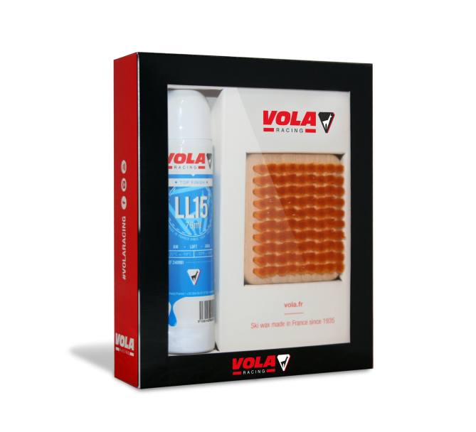 Produktset LL 15 Blau: Spraydose und Wachs in einer schwarzen Geschenkbox.