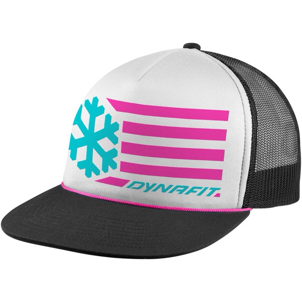 Dynafit Trucker Cap in Pink: Kappe mit schwarzem Schirm, Netzteil und weißem Vorderteil mit pinkem Streifen und blauem Schneeflocken-Logo.
