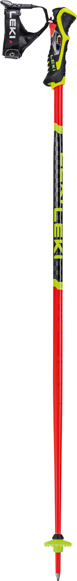 Roter Leki WCR Lite SL 3D Skistock mit gelben Akzenten, schwarzem Griff und Handschlaufe.