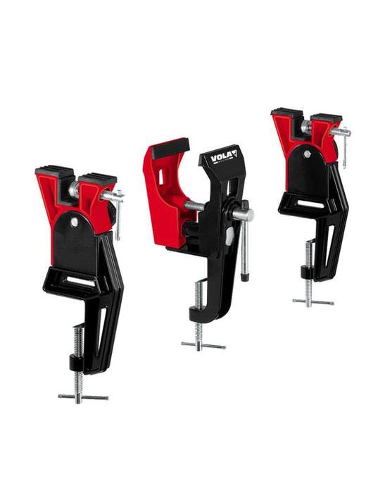 Drei Vola Racing Ski Vise Racing in rot und schwarz, mit Schraubzwingen zur Befestigung.
