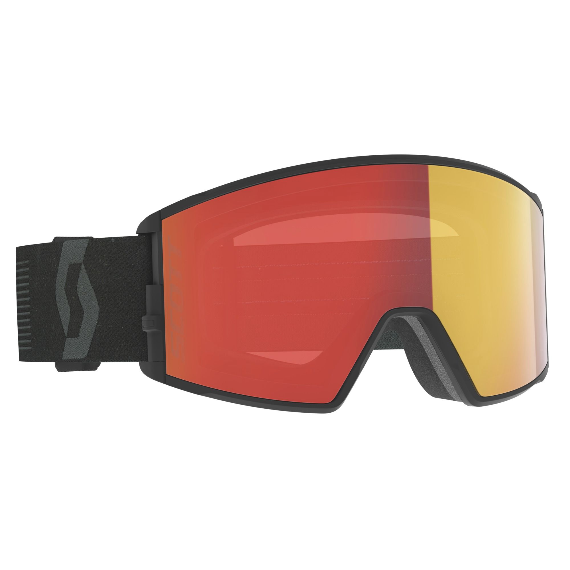 Frontale Nahaufnahme der Scott React Skibrille, Mineral Black mit roter und gelber Linse.