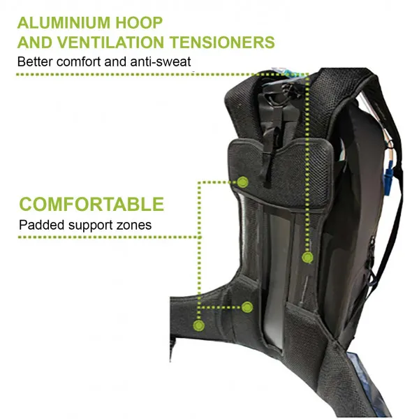 Vue détaillée du système de portage du sac à dos imperméable. Cadre en aluminium, tendeurs d'aération, zones rembourrées pour le confort.