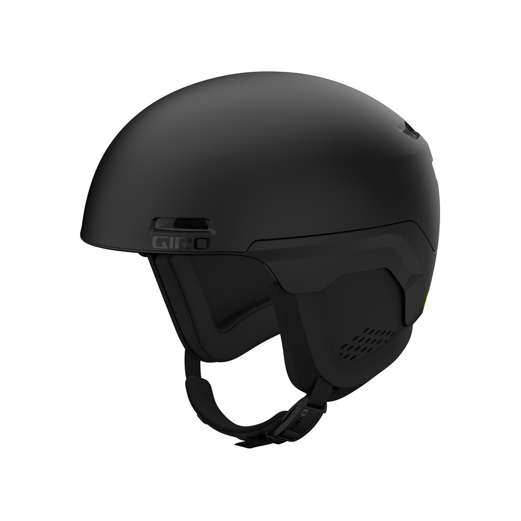 Schwarzer Giro Owen Spherical MIPS Skihelm, Seitenansicht. Kinnriemen ist befestigt. Matte Oberfläche.