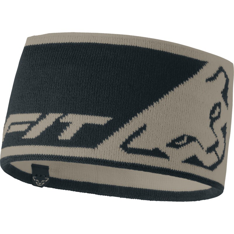 Khaki-farbenes Dynafit Stirnband mit Leopard-Logo Muster in Dunkelblau und Khaki Strick.