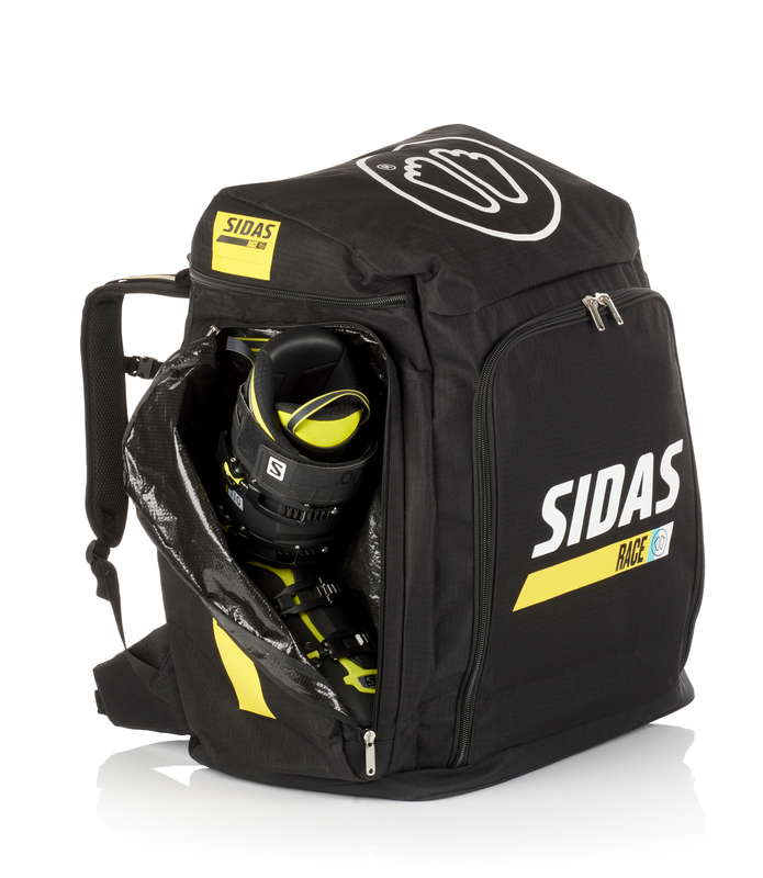 Sidas Race Boot Bag nera con scarpone da sci nello scomparto aperto, loghi e accenti gialli.