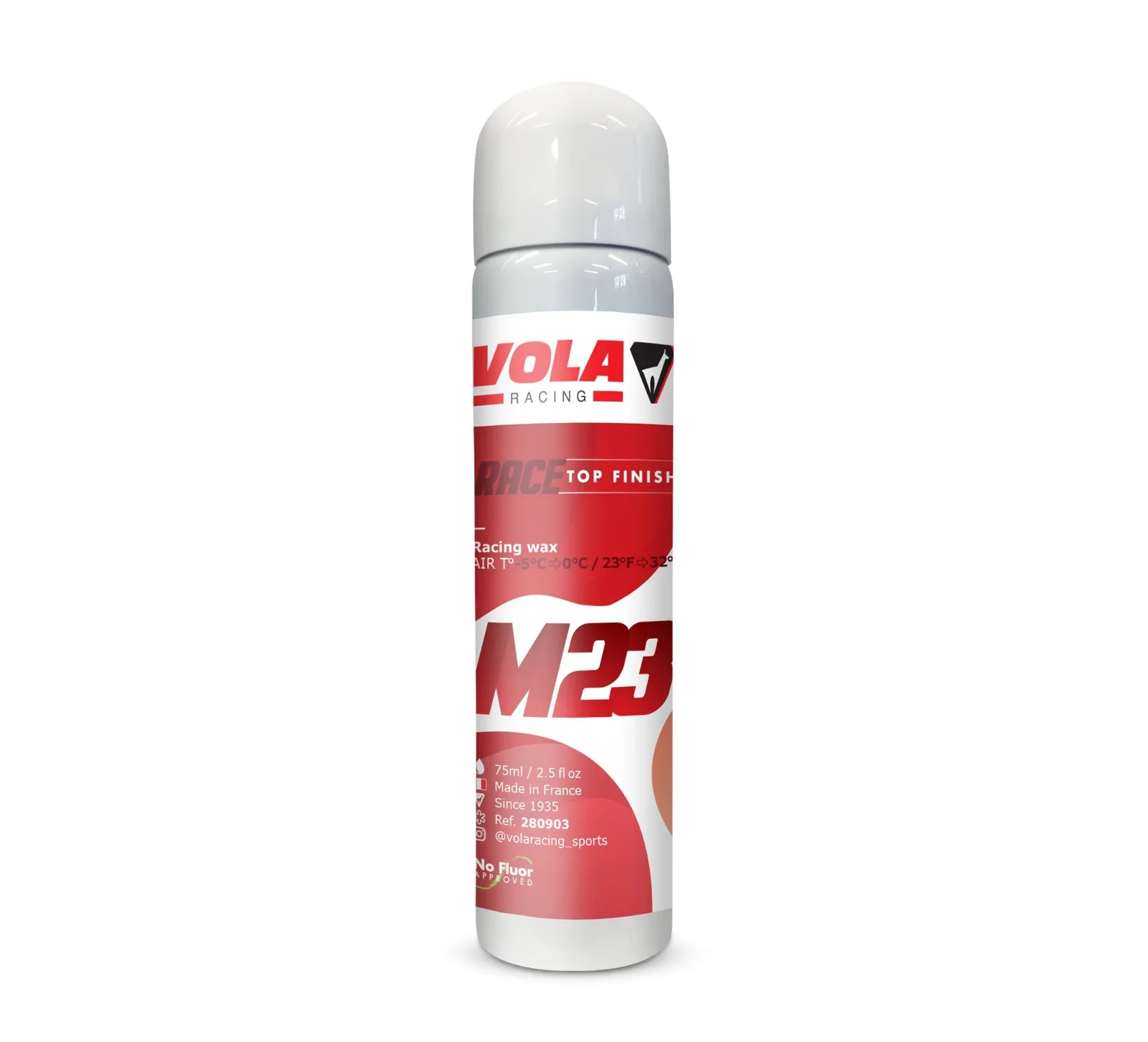 Spray can Vola M23-Race Top Finish, red-white, with product information.