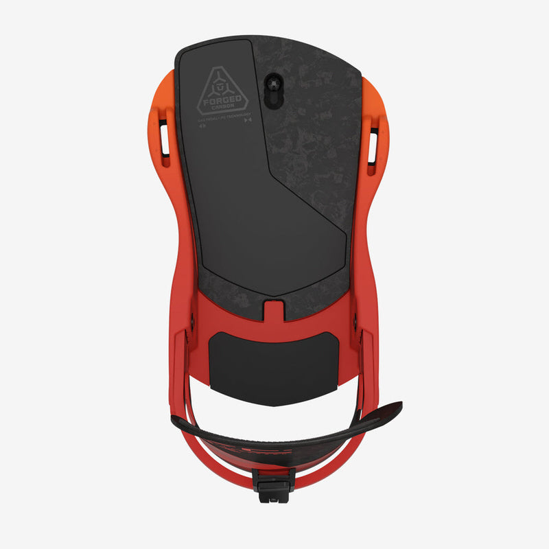Orange-black Union Atlas FC snowboard binding from above. Forged carbon highback and Duraflex CB baseplate are visible.