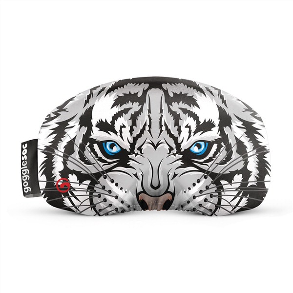 Skibrillen-Schutzhülle mit Design eines weißen, sibirischen Tigers mit blauen Augen.