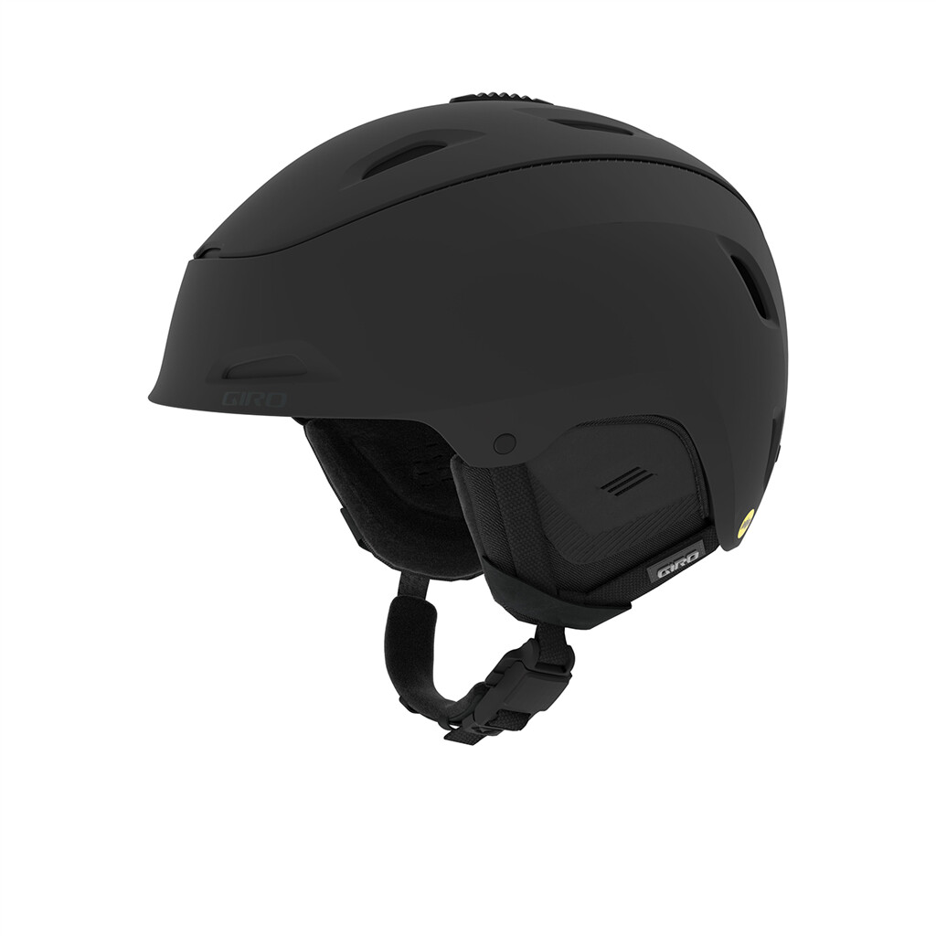 Giro Range MIPS Skihelm Mattschwarzer Giro Range MIPS Skihelm, Seitenansicht. Details wie Belüftungsschlitze, Ohrenpads und Kinnriemen sichtbar.