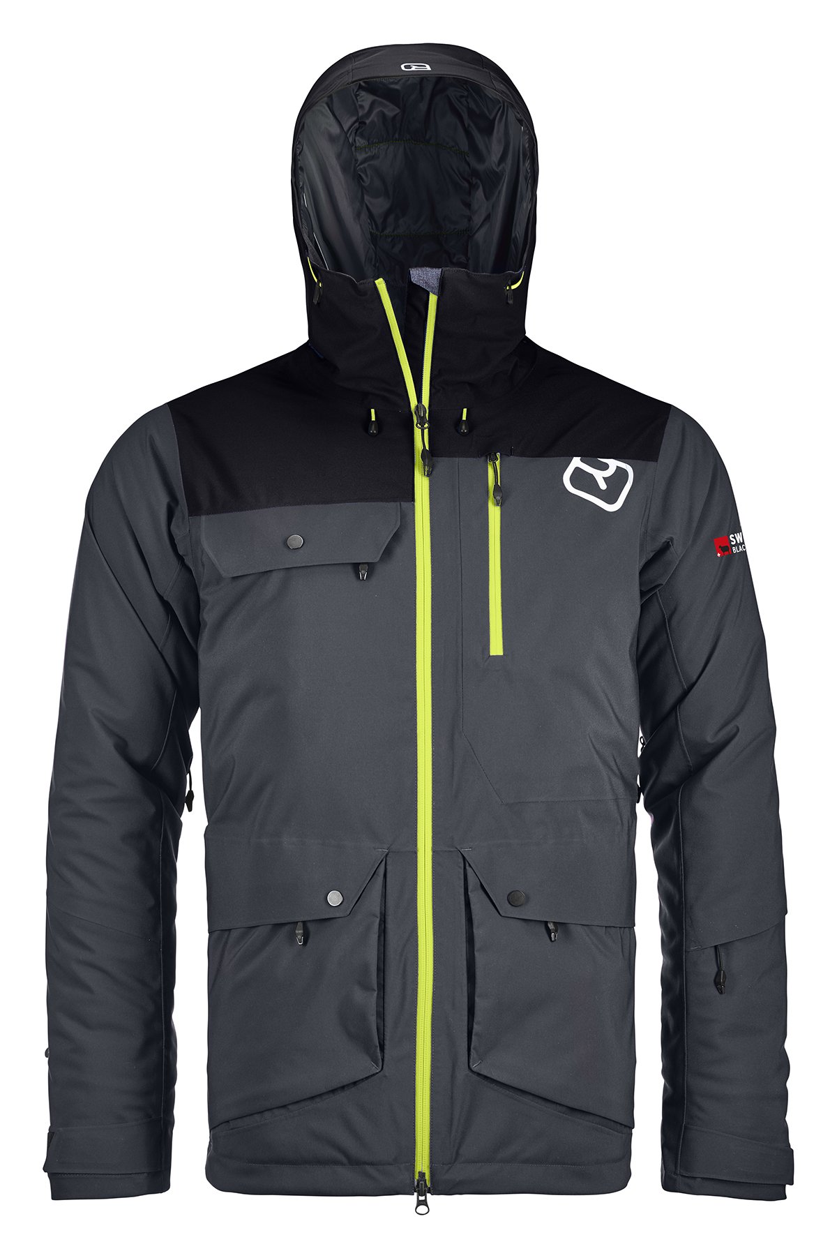 Veste grise Ortovox Andermatt Veste Andermatt grise Ortovox avec capuche, poches et fermeture éclair jaune fluo. Le logo Ortovox est blanc.