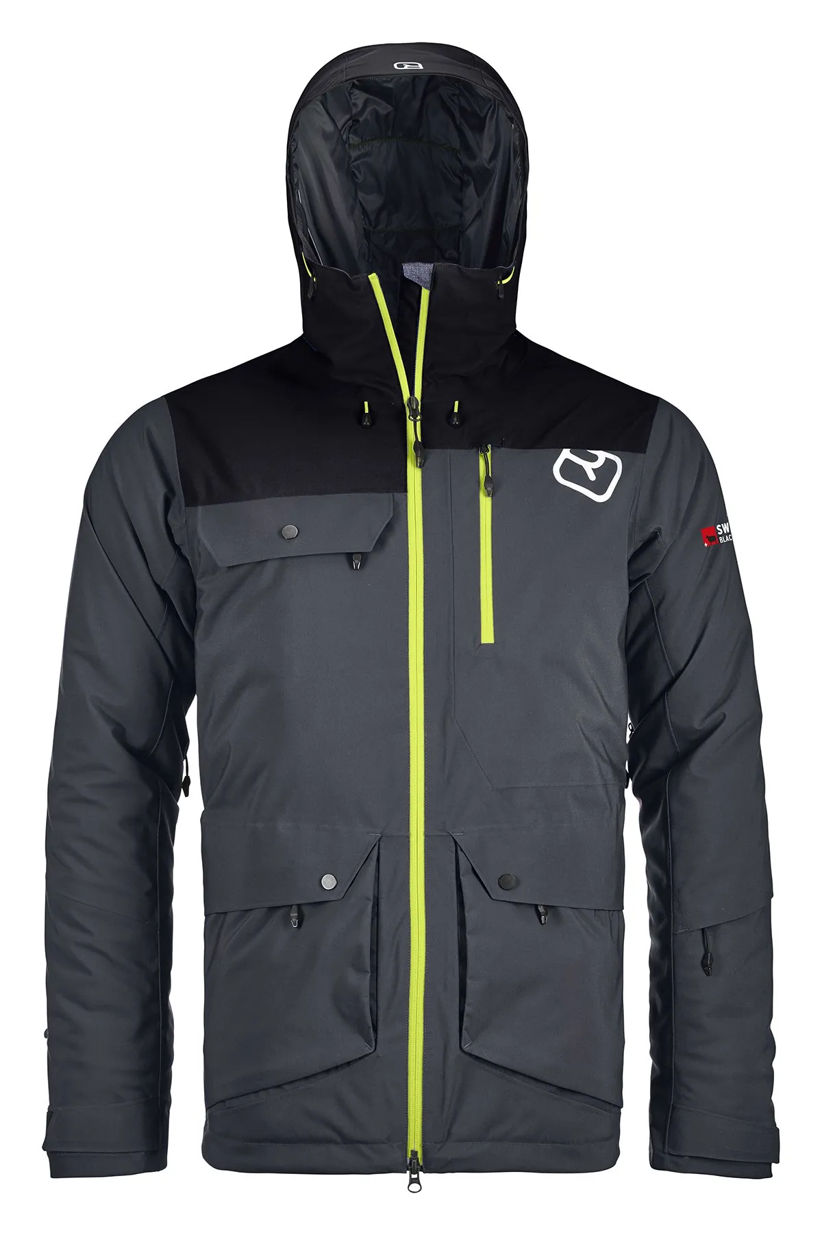 Graue Ortovox Andermatt Jacke mit Kapuze, Taschen und neon-gelbem Reißverschluss. Das Ortovox Logo ist weiß.