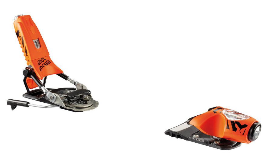 Orangefarbene Rossignol FKS 14 Pivot Skibindung, von der Seite fotografiert, Zehen- und Fersenteil.