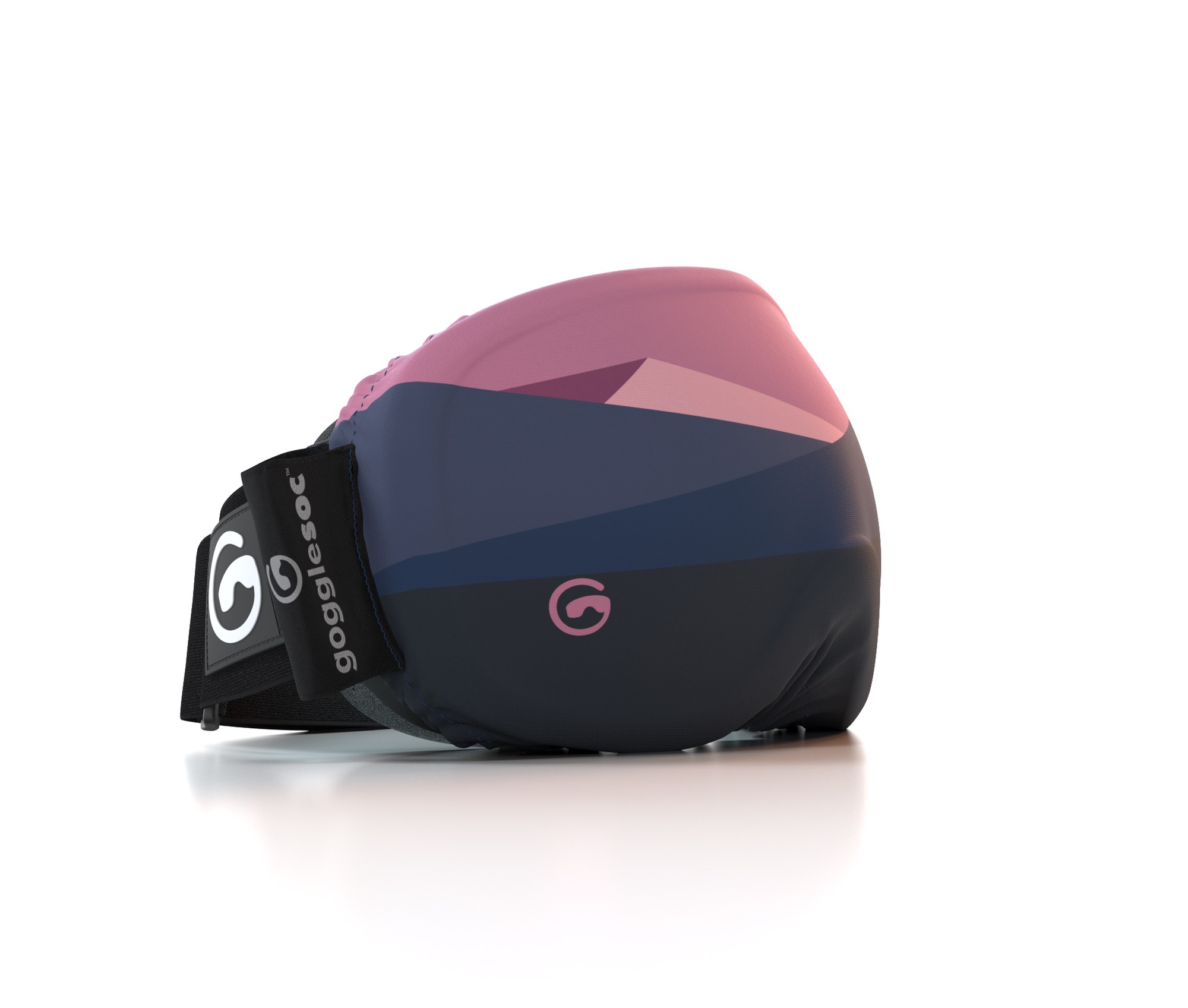 Ski- oder Snowboardbrille mit Huba Soc Schutzhülle, Design mit rosa- und blaufarbenen Bergmotiv.