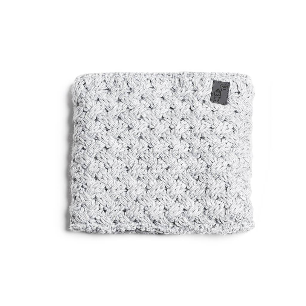 Gray stroller neckwarmer with knitted pattern. Square shape, small logo label in the top corner.