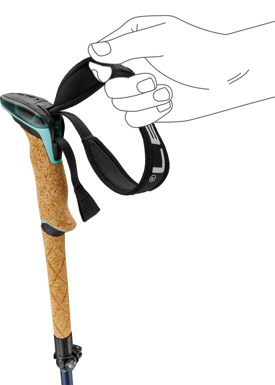 Main esquissée tenant la dragonne noire d'un bâton de trekking avec poignée en liège et accents turquoises.