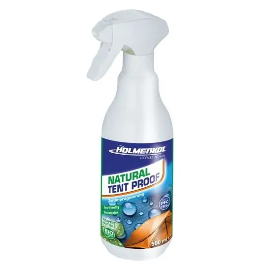 White spray bottle with blue label "Holmenkol Natural Tent Proof" and pictures of water drops and leaf.