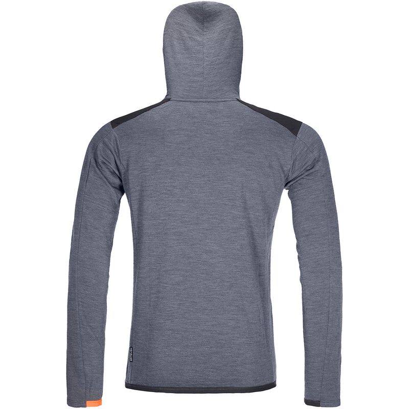 Rückansicht des grauen Ortovox Merino Terry Hoody M mit Kapuze und verstärkten Schulterpartien.