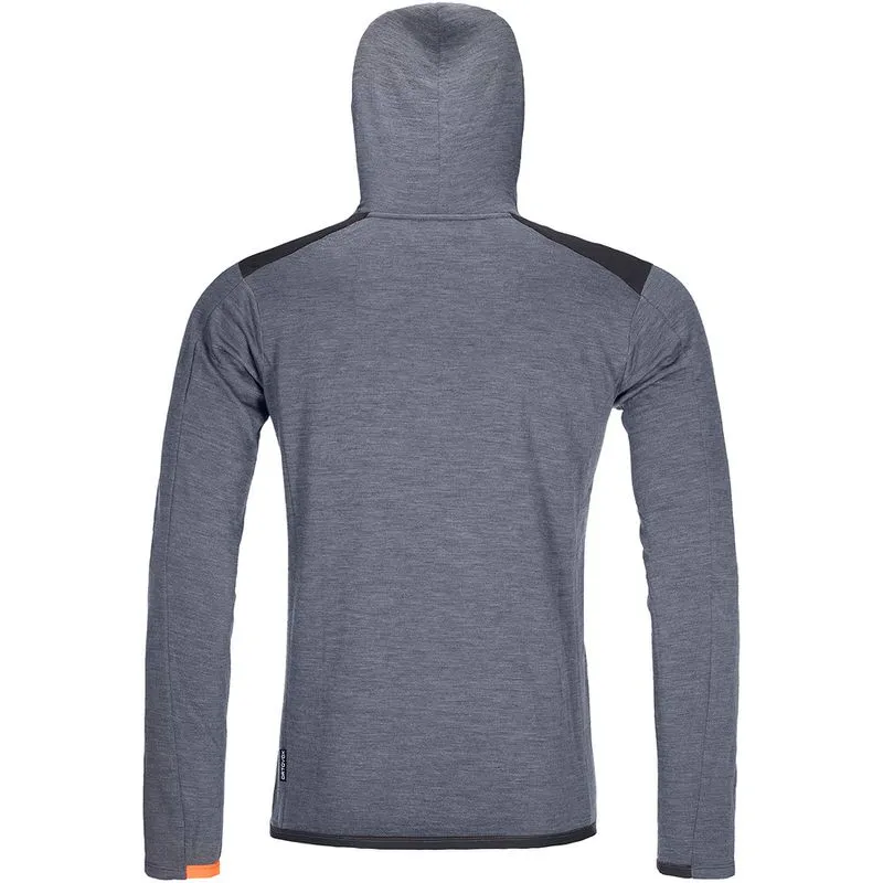 Rückansicht des grauen Ortovox Merino Terry Hoody M mit Kapuze und verstärkten Schulterpartien.